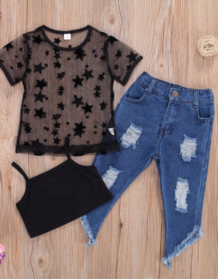 Girls 3 piece mesh top & jean set - alwaysbetterbuys