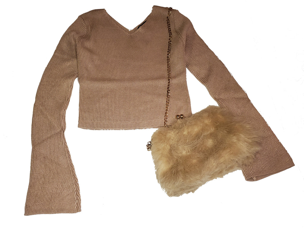 long mini bell sleeve, v - neck tan ribbed crop top sweater - Always Better Buys