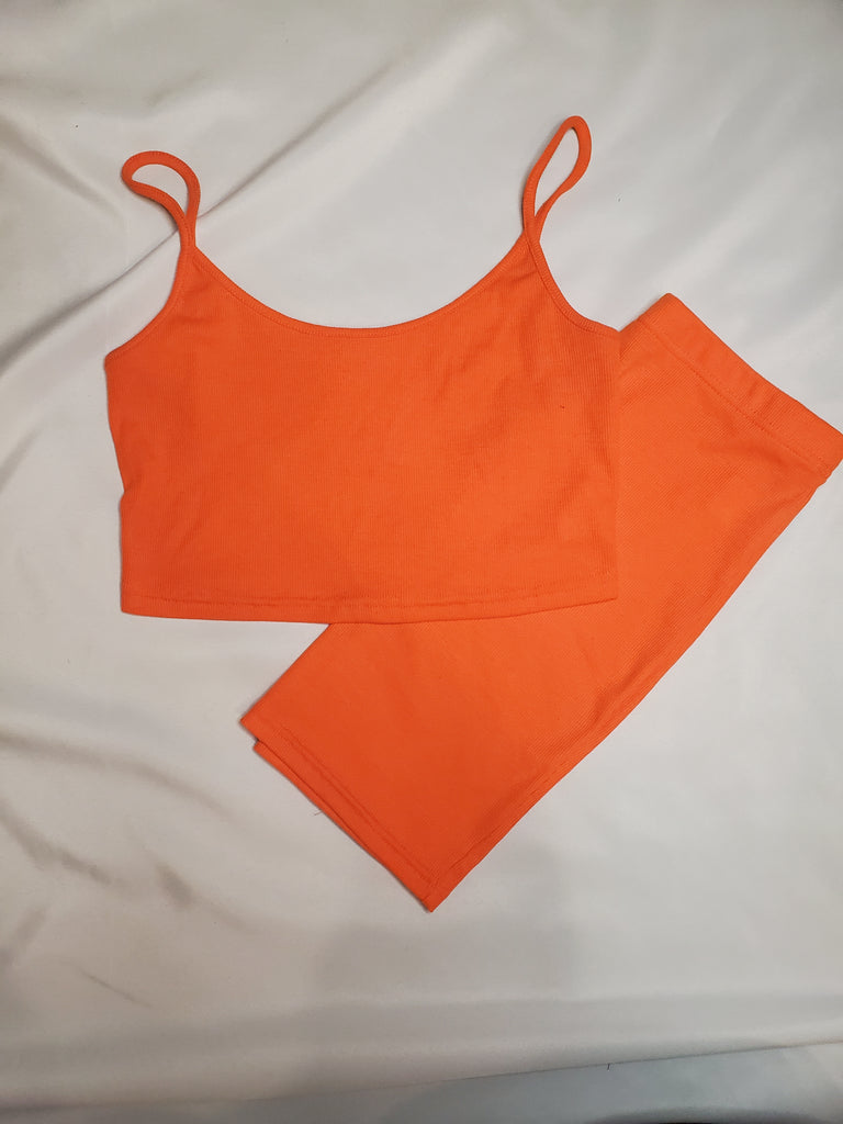 orange 2pc cropped ribbed spaghetti straps skirt set - Always Better Buys